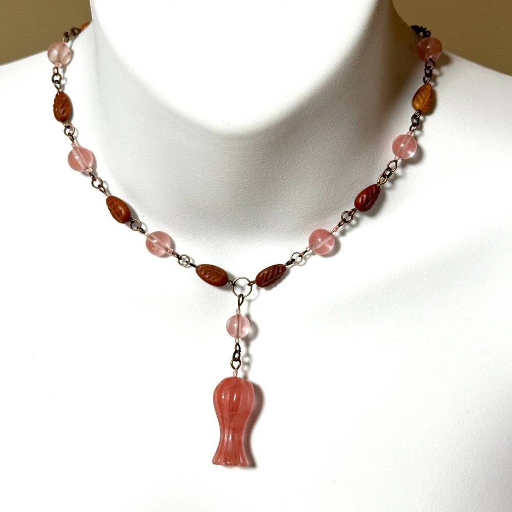 Cherry Quartz Flower Bud & Red Jasper Leaf Choker, Gemstone + Copper Links